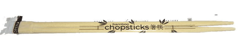 A pair of bamboo chopsticks in a plastic sleeve.