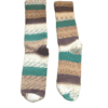 A pair of brown, green and white socks.