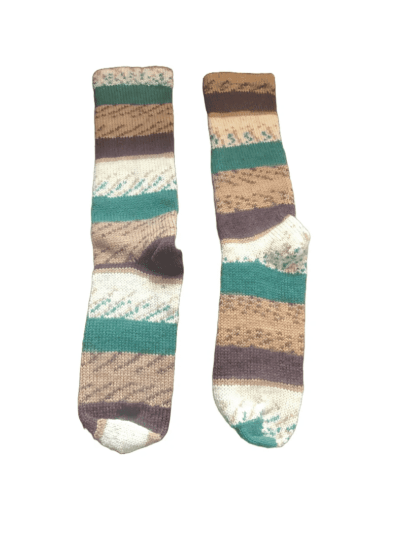 A pair of brown, green and white socks.